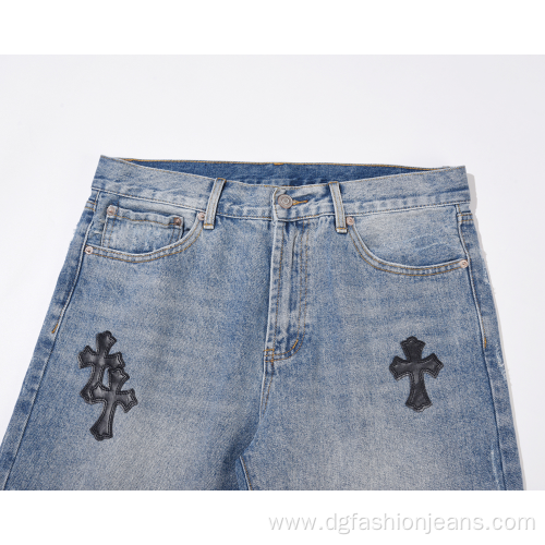 Men High Waist Embroidery Denim Shorts